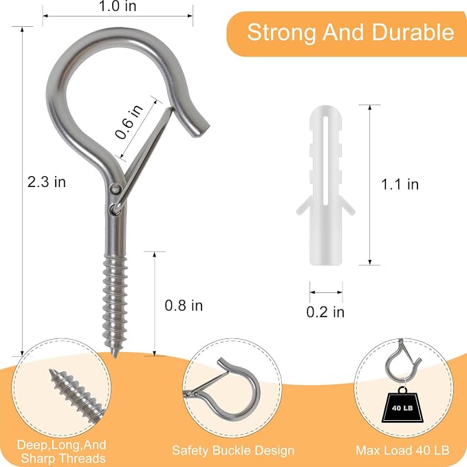 Black Screw Hooks with Safety Lock 2.3" Rustproof Metal Ceiling Hooks for Hanging Plants, Baskets,String Lights & Outdoor Decor, 40LB Capacity (20, Silver)