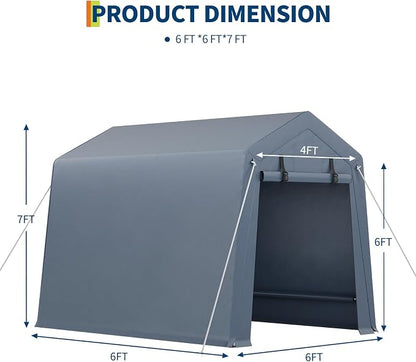 6x6 ft Outdoor Storage Shed, Portable Carport with Roll-up Ventilated Zipper Door and Windows, Heavy Duty Waterproof Tarp, Storage Sheds for Motorcycle, Bike, Firewood, Garden Tools
