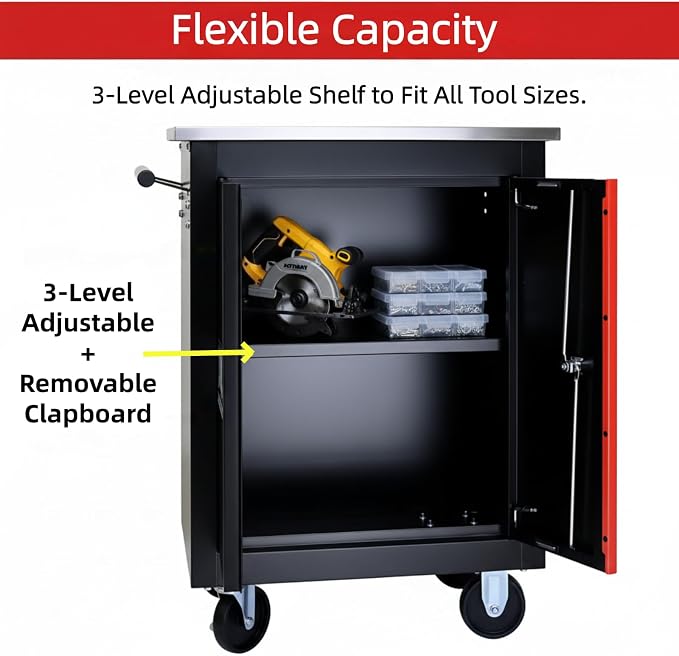 Heavy Duty Tool Chest, Lockable Stainless Top, Black&Red | Double-Door Mobile Tool Cabinet on Wheels for Garage Workshop and Storage