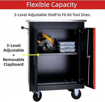 Heavy Duty Tool Chest, Lockable Stainless Top, Black&Red | Double-Door Mobile Tool Cabinet on Wheels for Garage Workshop and Storage
