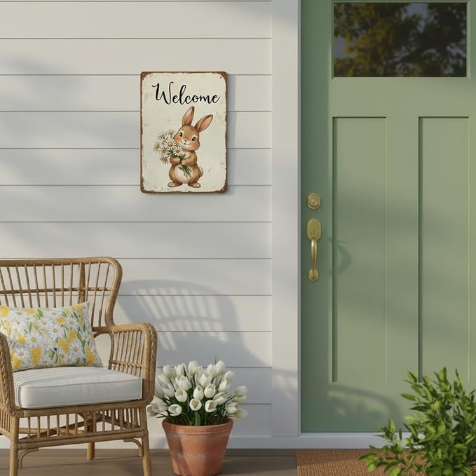 Funny Bunny Tulip Welcome Metal Sign Easter Spring Decor Rabbit Lovers Gift Rustic Farmhouse Wall Art For Home Porch Entryway 8x12Inch