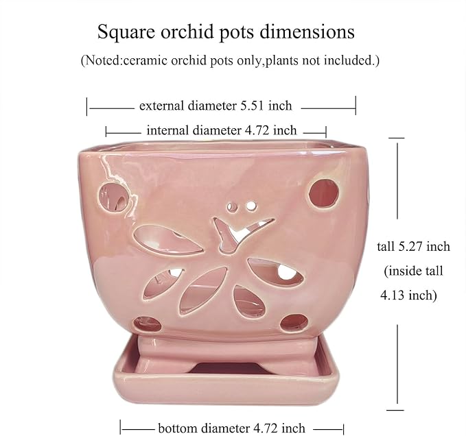 Orchid Pots with Holes Square Ceramic Orchid Planter Pots 5.5 inch (Pink)