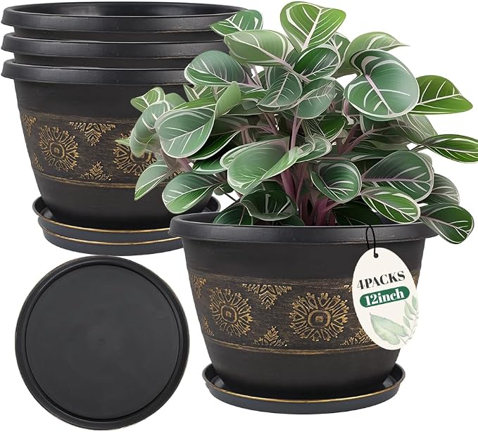 Usocik 12 Inch Retro Plant Pots 4 Pack with Drainage and Saucers Gold | Gold retro PP pots with drainage holes and saucers for flowers pothos aloe herbs patios porches gardens and entryways