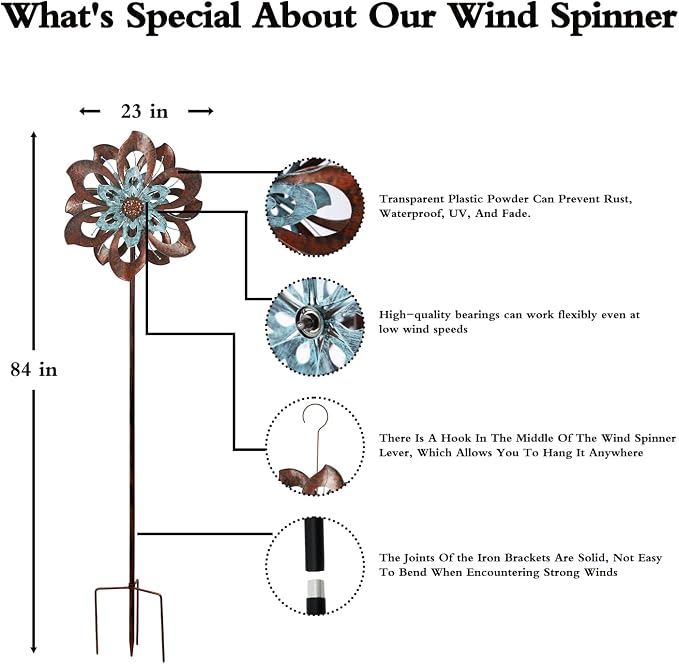 Pure Echo Garden Wind Spinner,Flower Wind Spinner,Outdoor Metal Wind Sculpture & Spinner Large 23 inch Dia 84 inch Height Kinetic Windmill for Garden Yard