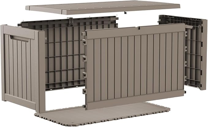 230 Gallon Deck Box, Waterproof Resin Outdoor Storage Box Lockable for Patio Furniture, Fade Resistant Patio Side Table & Organizer for Garden Tools, Pool Float, Outdoor Cushions, Light Coffee