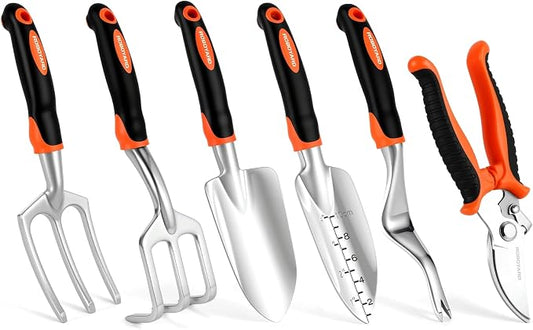 6-Piece Gardening Tools Set, Includes Trowel, Pruning Shear, Cultivator & More for Indoor Outdoor Plant Care, Aluminum Alloy Garden Kit with Ergonomic Non-Slip Handles