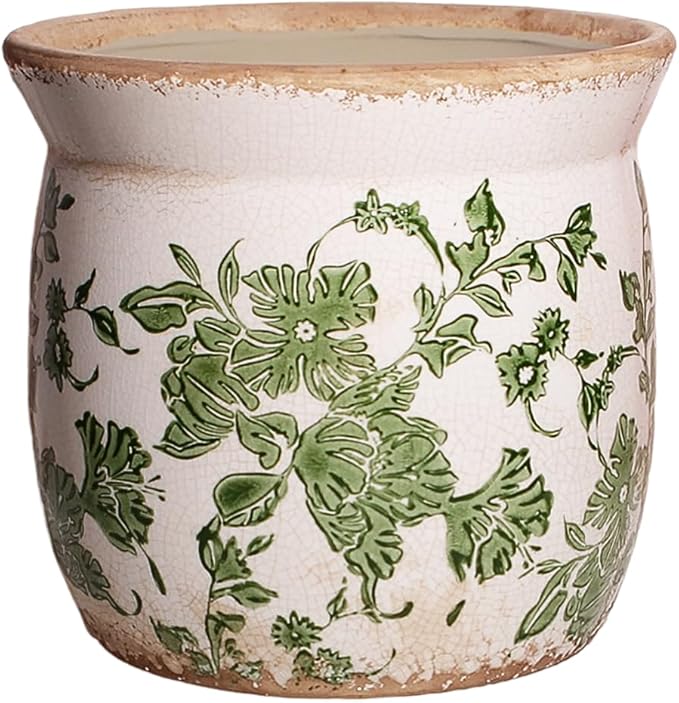 Xiaan Jiaju Vintage Farmhouse Ceramic Planter & Kitchen Utensil Holder - 6.21 Inch Tuscan Rustic Plant Pot with Drainage for Indoor/Outdoor Use, Garden & Home Decor, Unique Gift (Green Leaf)