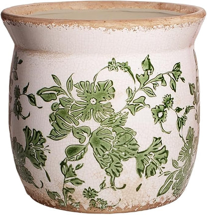 Xiaan Jiaju Vintage Farmhouse Ceramic Planter & Kitchen Utensil Holder - 6.21 Inch Tuscan Rustic Plant Pot with Drainage for Indoor/Outdoor Use, Garden & Home Decor, Unique Gift (Green Leaf)