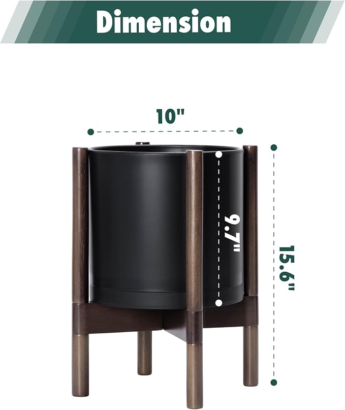 D'vine Dev Plastic Pot with Walnut Wood Stand, Black, 10 in, 55-C-L-2 | Mid-Century Inspired Design, Elevated Plant Display, Clean Lines, Sturdy Support, Modern Space-Saving Style
