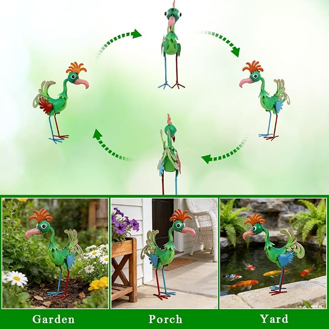 19'' Tall Metal Rooster Statue for Farmhouse, Lawn, Garden | Funny Rooster Sculpture Garden Decor, Metal Yard Art, Green