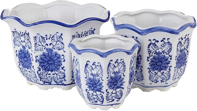HakkaGirl Ceramic Pots for Plants, Chinoiserie Décor Ceramic Flower Pots Planters for Indoor Plants with Drainage, Blue and White, Set of 3