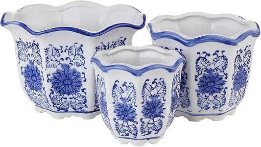 HakkaGirl Ceramic Pots for Plants, Chinoiserie Décor Ceramic Flower Pots Planters for Indoor Plants with Drainage, Blue and White, Set of 3