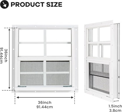 Shed Windows 2 Pack, Chicken Coop Windows 36" x 36" White | Flush Mounted Small Windows with Tempered Glass and Fiberglass Screen for Shed, Barns, Playhouse, Household, Garage