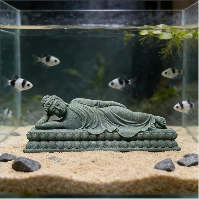 livelyfish Sleeping Buddha Statue Sandstone Buddha Figurine Zen Buddhism Sculpture for Aquarium Fish Tank Garden Home Decor (M)