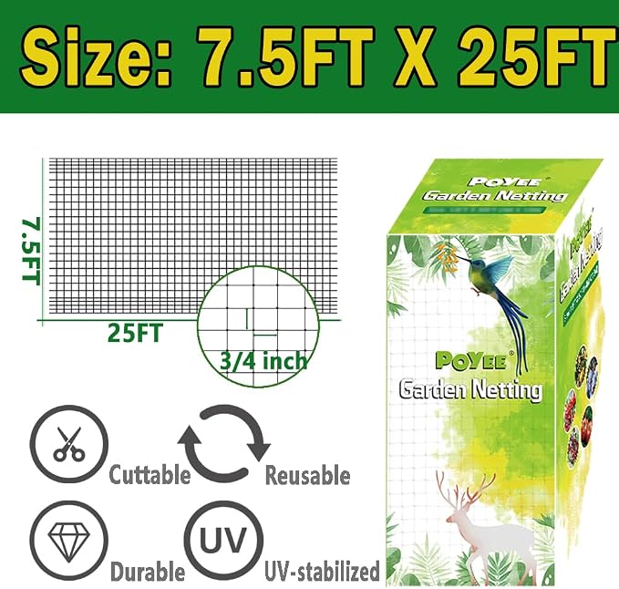 POYEE Bird Netting, 7.5x25FT Heavy Duty Garden Netting | Deer Netting for Fruit Trees Plants Strawberry Blueberry Bush Protection Anti Birds, Deers, Squirrels and Other Animals