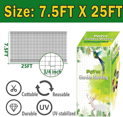 POYEE Bird Netting, 7.5x25FT Heavy Duty Garden Netting | Deer Netting for Fruit Trees Plants Strawberry Blueberry Bush Protection Anti Birds, Deers, Squirrels and Other Animals