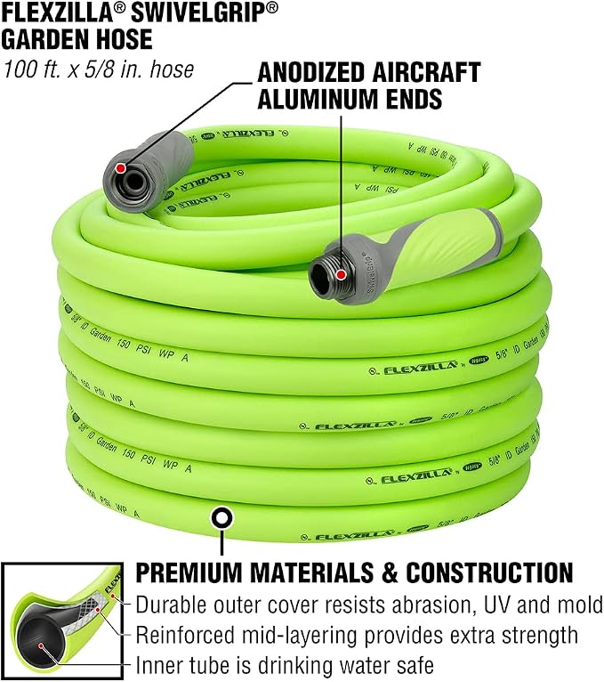 Liberty Garden Products 703-1 Multi-Purpose Steel Garden Wall/Floor Mount Hose Reel, Tan & Flexzilla Garden Hose with SwivelGrip, 5/8 in. x 100 ft., Heavy Duty, Lightweight