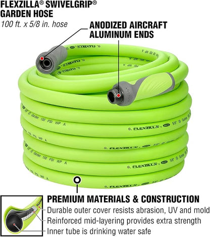 Liberty Garden Products 703-1 Multi-Purpose Steel Garden Wall/Floor Mount Hose Reel, Tan & Flexzilla Garden Hose with SwivelGrip, 5/8 in. x 100 ft., Heavy Duty, Lightweight