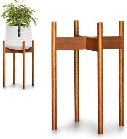 Fox & Fern Mid Century Tall Plant Stand — 10 Inch Fixed Size Raised Wooden Plant Stand for Indoor Planters (Not Included); Modern Flower Pot Holder with Plug In Design; Easy to Assemble - Acacia