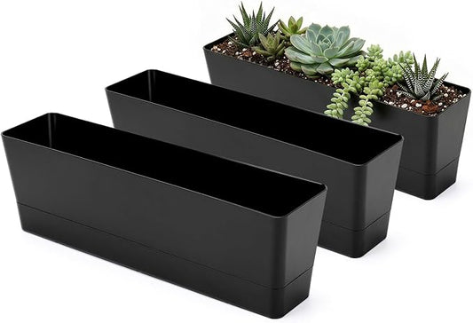 GREANER 3PCS 16x3.8 Inch Window Boxes Planters, Black Rectangle Planters Box with Drainage Holes and Trays, Herb Succulents Flowers Plastic Pot for Windowsill, Garden, Balcony, Indoor, Outdoor Decor
