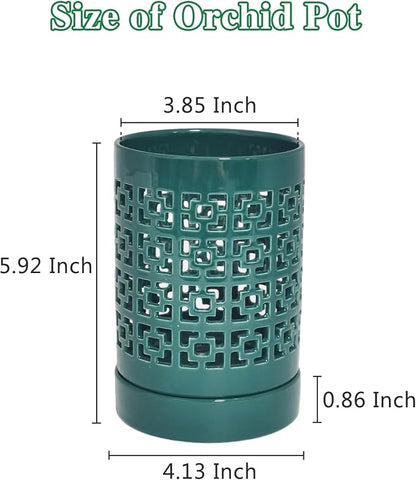 4 in Ceramic Orchid Pot for Repotting with Saucers, Orchid Pots with Holes More Ventilation Hole Easy Breathing, Plant Pot for Repotting Orchids and Other Flowers - Indoor/Outdoor Green