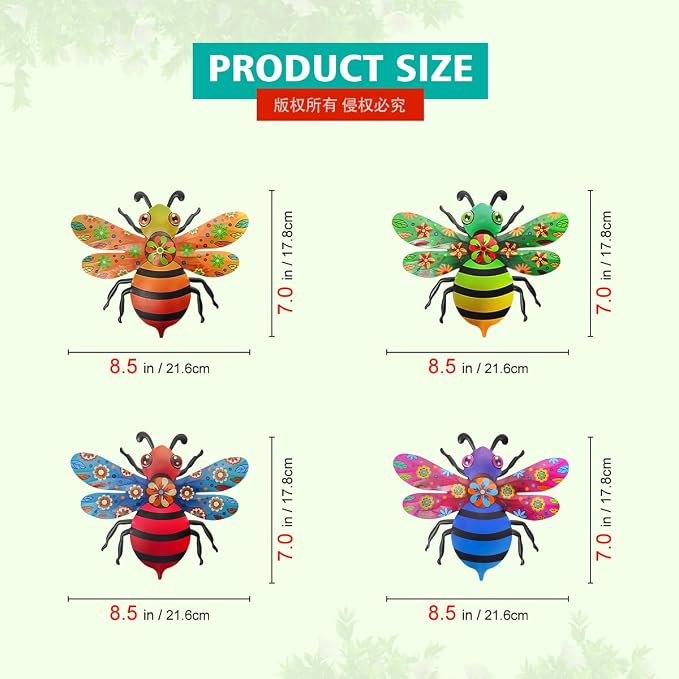 VOKPROOF Metal Bee Wall Art Decor, Outdoor Fence Decor for Patio Yard Garden, Hanging Decorations for Living Room, Bedroom(4 Pack)