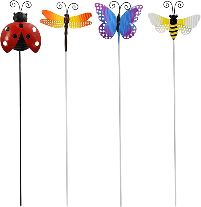 4Pcs Metal Insects Garden Stakes, 16" H Rustic Butterfly, Bee, Dragonfly, Ladybug Stake, Decorative Spring Outdoor Garden Decor Planter Flower Pot Metal Stick for Patio,Lawn,Yard,Pathway