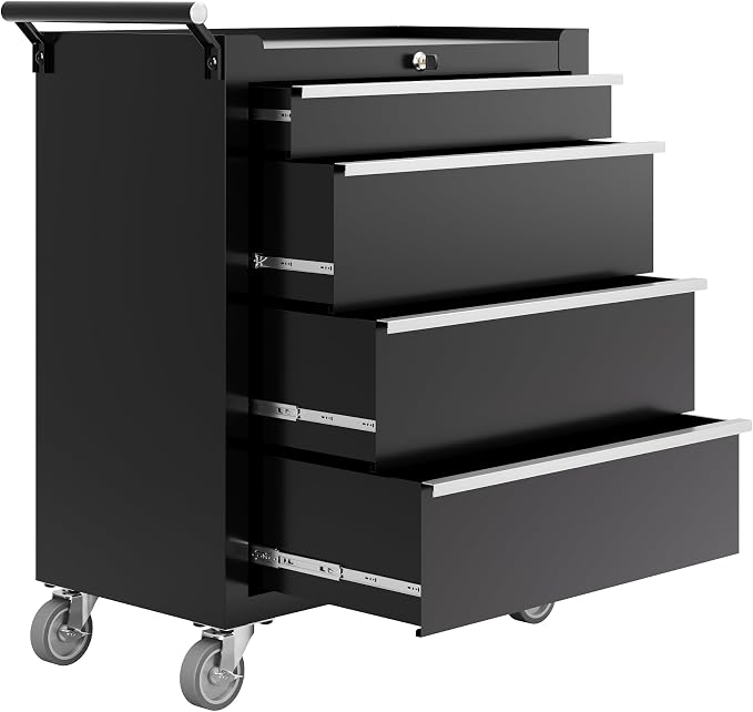 PeakPursuit 4-Drawers Rolling Tool Chest, Portable Tool Box with Wheels and Lock System, Secure Storage Cabinet for Warehouse, Workshop, and Repair Shop, Black