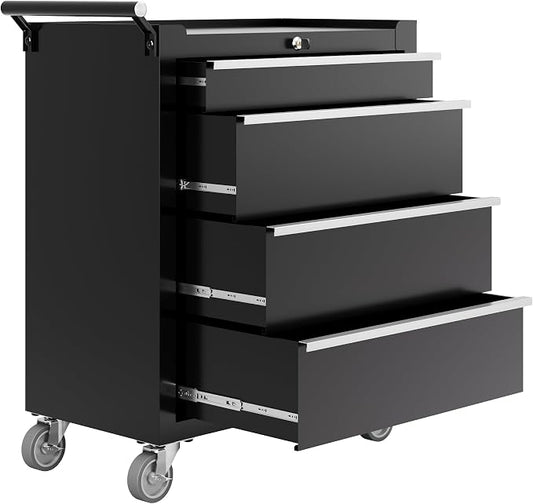 PeakPursuit 4-Drawers Rolling Tool Chest, Portable Tool Box with Wheels and Lock System, Secure Storage Cabinet for Warehouse, Workshop, and Repair Shop, Black
