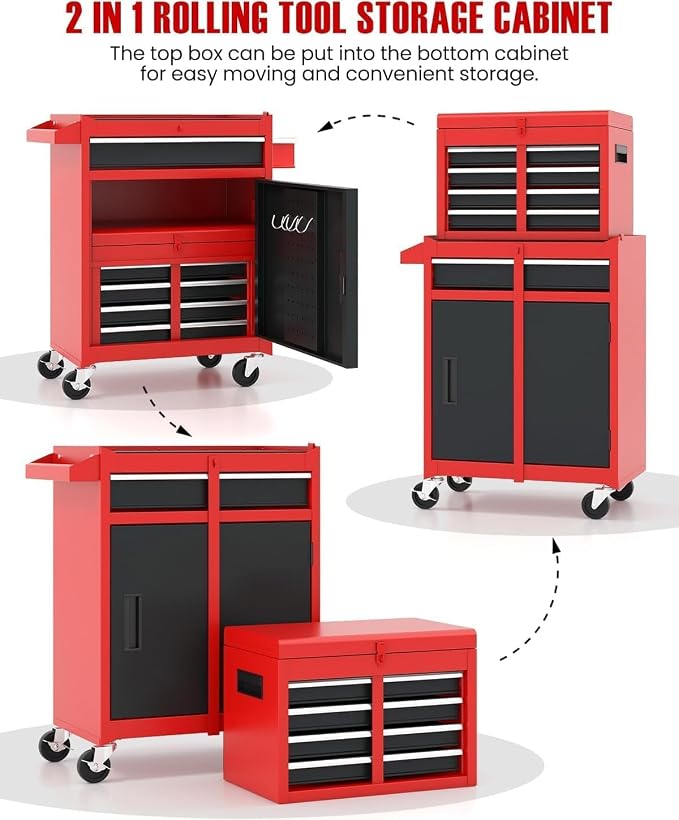 ARNOT 2-in-1 Rolling Tool Chest with 5 Drawers, Heavy-Duty Metal Tool Box with Wheels, Detachable Top Tool Box & Rolling Tool Cabinet for Garage, DIY, Mechanics, Red+Black