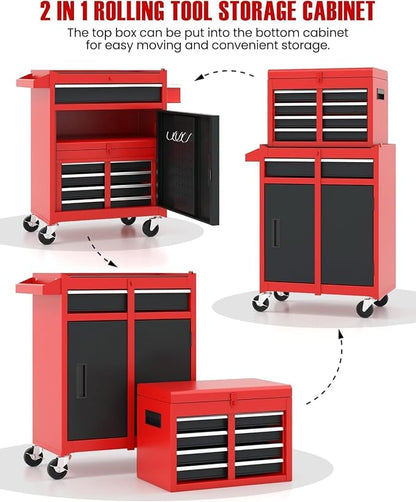 ARNOT 2-in-1 Rolling Tool Chest with 5 Drawers, Heavy-Duty Metal Tool Box with Wheels, Detachable Top Tool Box & Rolling Tool Cabinet for Garage, DIY, Mechanics, Red+Black