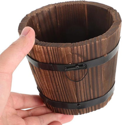 DOITOOL Rustic Wooden Barrel Planter: Wood Whiskey Barrel Bucket Flower Pots Indoor Outdoor Plants Boxes Container for Home Garden Patio Backyard - 7.08 x 5.9 x 5.1 inches (Small)