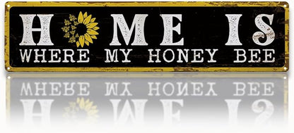 Garden Metal Tin Sign Bee Decor, Vintage Farmhouse Wall Art, Home Is Where My Honey Bee Sign, for Yard Fence Porch, Rustic Outdoor Garden Decoration, Ideal for Honey Lovers, 15.7 x 3.9 Inches