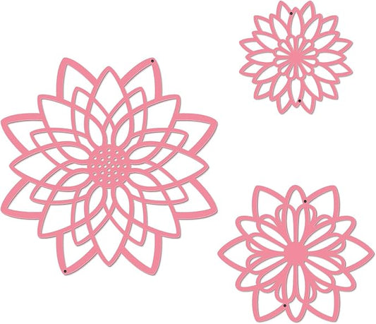 3 Pieces Metal Flowers Wall Decor, Black Wall Decoration Metal, Flower Art Wall Decor Farmhouse Wall Decorations Multiple Flowers Hanging Decor for Bathroom Living Room Home Kitchen Garden Office (Pink Concise)