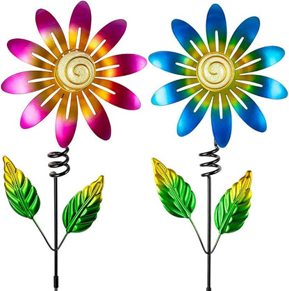 Metal Flowers Decorative Garden Stakes, 2 Pack 25'' Flower Garden Decor for Outside Spring Yard Decor, Flower Metal Yard Art for Fence Landscape Pot Patio Decor (Pink & Blue)