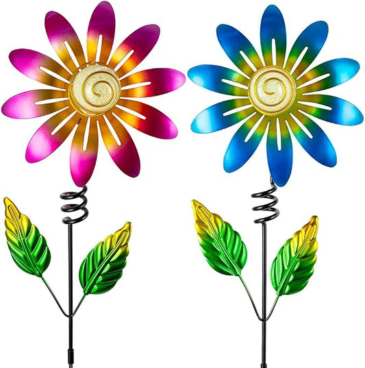 Metal Flowers Decorative Garden Stakes, 2 Pack 25'' Flower Garden Decor for Outside Spring Yard Decor, Flower Metal Yard Art for Fence Landscape Pot Patio Decor (Pink & Blue)