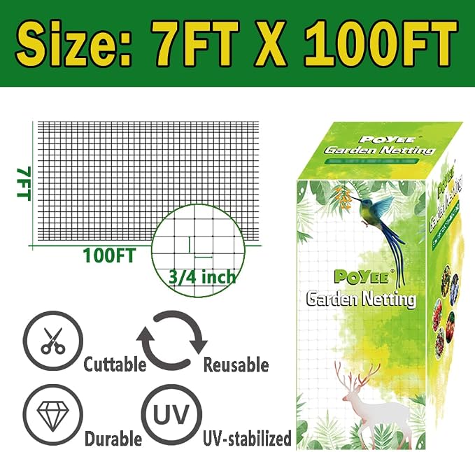 POYEE Bird Netting, 7.5x100FT Heavy Duty Garden Netting | Deer Netting for Fruit Trees Plants Strawberry Blueberry Bush Protection Anti Birds, Deers, Squirrels and Other Animals