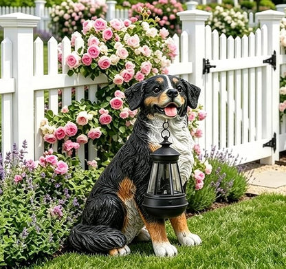 Afirst Dog Garden Statue - Outdoor Decor with Solar Lantern Valentine's Day Gift Lovely Bernese Mountain Dog Figurine Patio Lawn Yard Art Ornaments Housewarming Gift