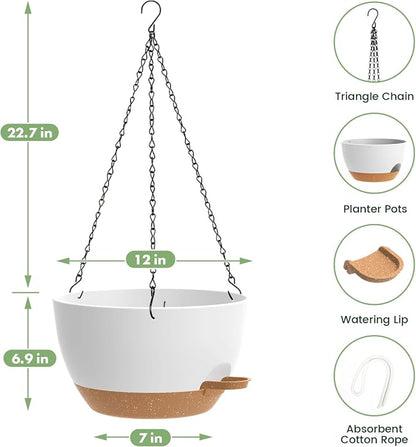 2 Pack 12 Hanging Flower Pots with Chains Self Watering Plastic Planters for Indoor Outdoor Plants, Sturdy Triangular Iron Chain Design for Garden PorchPlastic hanging flower pots (2, White-brown)