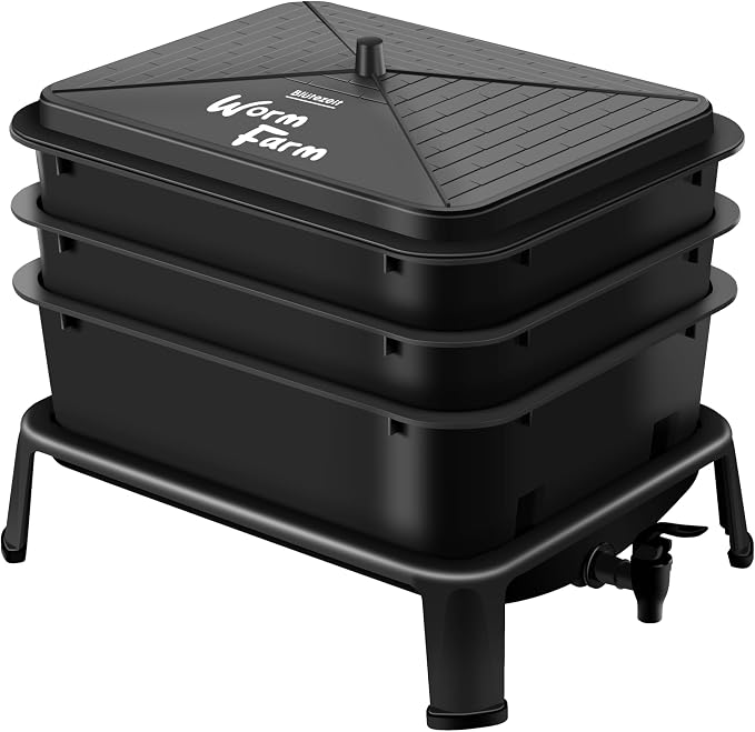 Blütezeit 3-Tray Worm Composter, 32QT Worm Farm with Compost Worms Starter Kit for Indoor & Outdoor Vermicomposting, Worm Bin for Recycling Food Waste (Black)