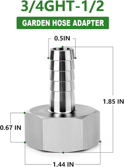 TAISHER 1PCS 304 Stainless Steel Garden Hose Repair Connector, 1/2" Barb x 3/4" GHT Female Garden Hose Adapter with Hose Clamps