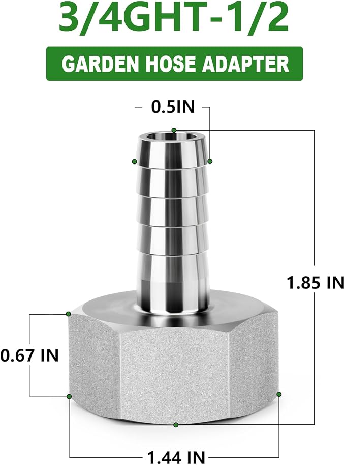 TAISHER 2PCS 304 Stainless Steel Garden Hose Repair Connector, 1/2" Barb x 3/4" GHT Female Garden Hose Adapter with Hose Clamps