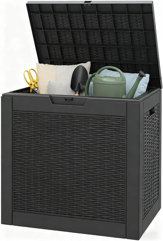Outdoor Storage Box, 35 Gallon Resin Deck Boxes Outdoor Waterproof For Patio Furniture, Garden Tools, Pool Supplies, Lockable And UV Resistant (Rattan Black)