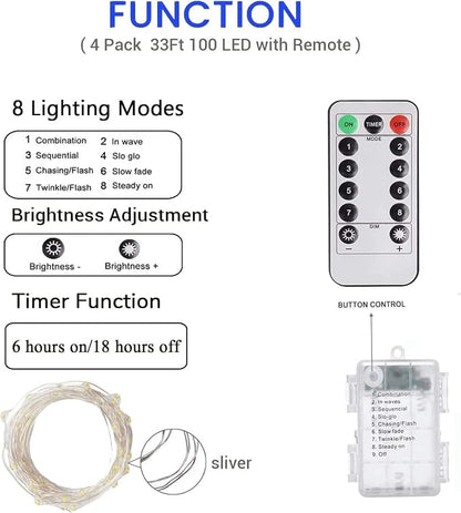 4 Pack Fairy Lights Battery Operated with Remote Timer 33FT 100LED Blue | Remote Control, 8 Modes, Timer, Adjustable brightness, Waterproof Lights for Indoor Outdoor Classroom Christmas Decor