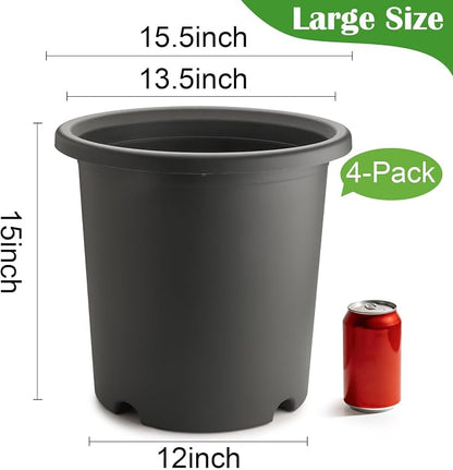 16 inch Deep Large Planters for Outdoor Plants, 4-Pack Plastic Plant Pots with Drainage Holes, Heavy Duty 10 Gallon Garden Planter for Tomato, Vegetables, Flower Growing Deeper -16" Wx15"H, Dark Gray