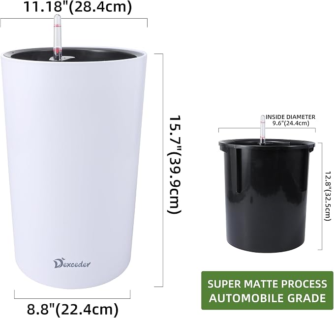 Dexceder 16x12 Self Watering Tall Planter (White Matte) | High Cylinder, Thickened Large Floor Standing Flower Plant Pot with Water Level Indicator Indoor Outdoor