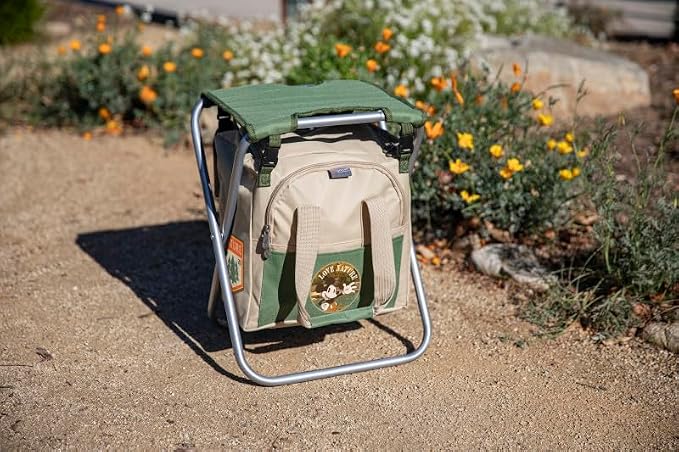 PICNIC TIME Disney Mickey Mouse Gardener Folding Seat with Tools, Folding Garden Stool with Detachable Tote and Hand Tool Set Organizer, Portable Gardening Chair, (Olive Green with Beige Accents)