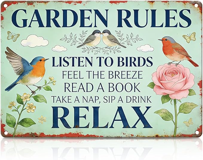 Garden Rules Metal Tin,Relaxing Outdoor Sign | Funny Wall Art for Outdoor Garden Porch Patio Yard Backyard Wall Decor,Gardening Gifts for Women