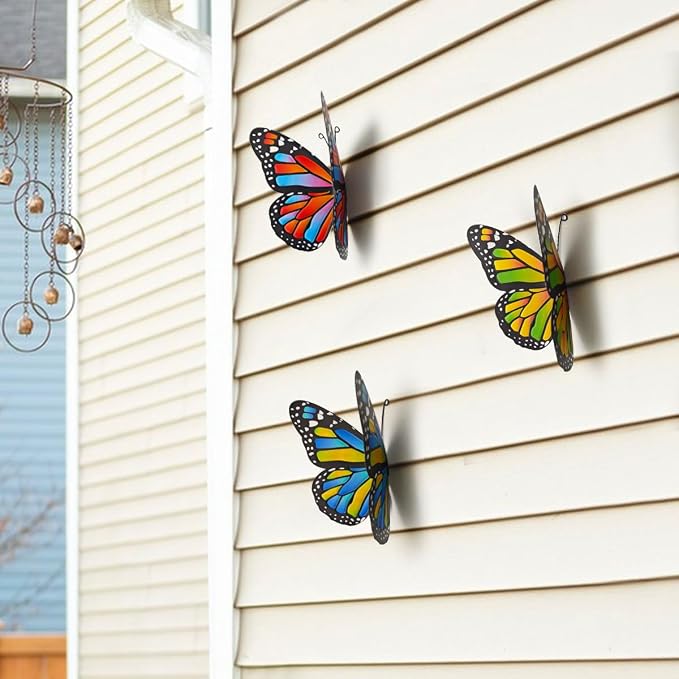 EOORAU Metal Butterfly Wall Decor - 3 Pack Lifelike Butterflies Wall Art Sculpture Hanging Decorations for Indoor or Outdoor, Yard Patio Fence Garden Decoration