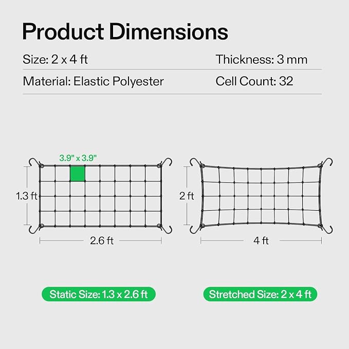 2x4 Ft Elastic Plant Trellis Net - 2-Pack Heavy Duty Garden Support Net with 4 Hooks for Grow Tents, Climbing Vegetables, Fruits & Flowers (Black)